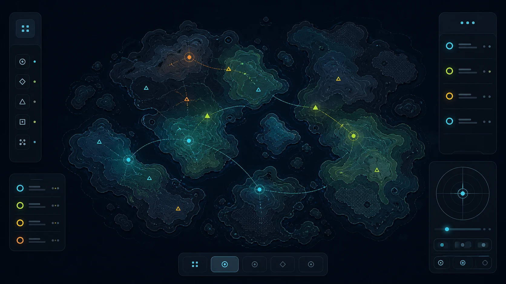 Original illustration of a dark browser map companion with abstract islands, markers, and linked locations.